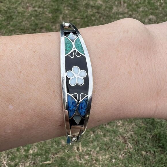 Vintage Alpaca Mexico Women's Bracelet Abalone‎ Shell Floral Silver Tone Signed - Picture 9 of 16